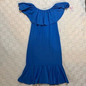 LulaRoe Blue Off-Shoulder Cici Midi Dress with Ruffle Details, Women’s Large NWT